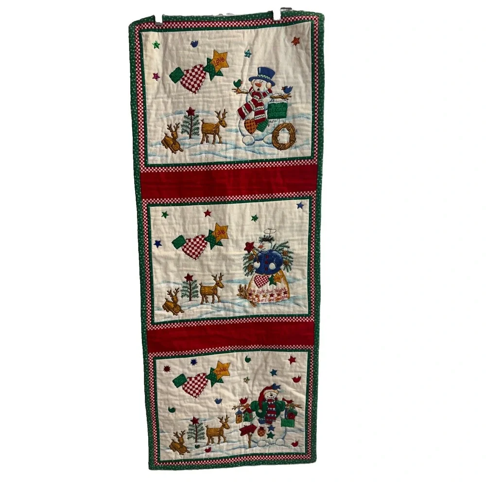 Handmade Quilted Christmas Snowman Wall Hanging Banner Winter Reindeer Fabric